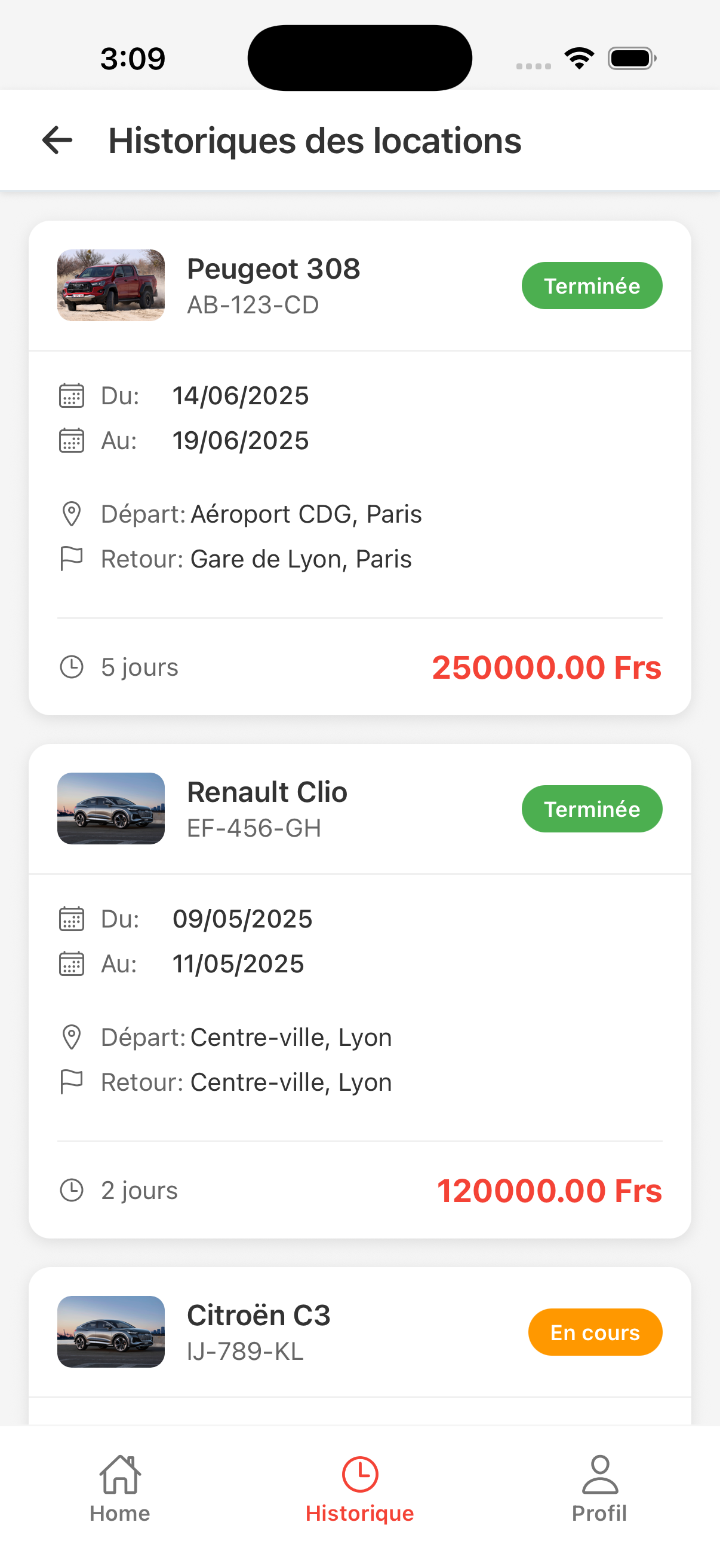 Historique des locations