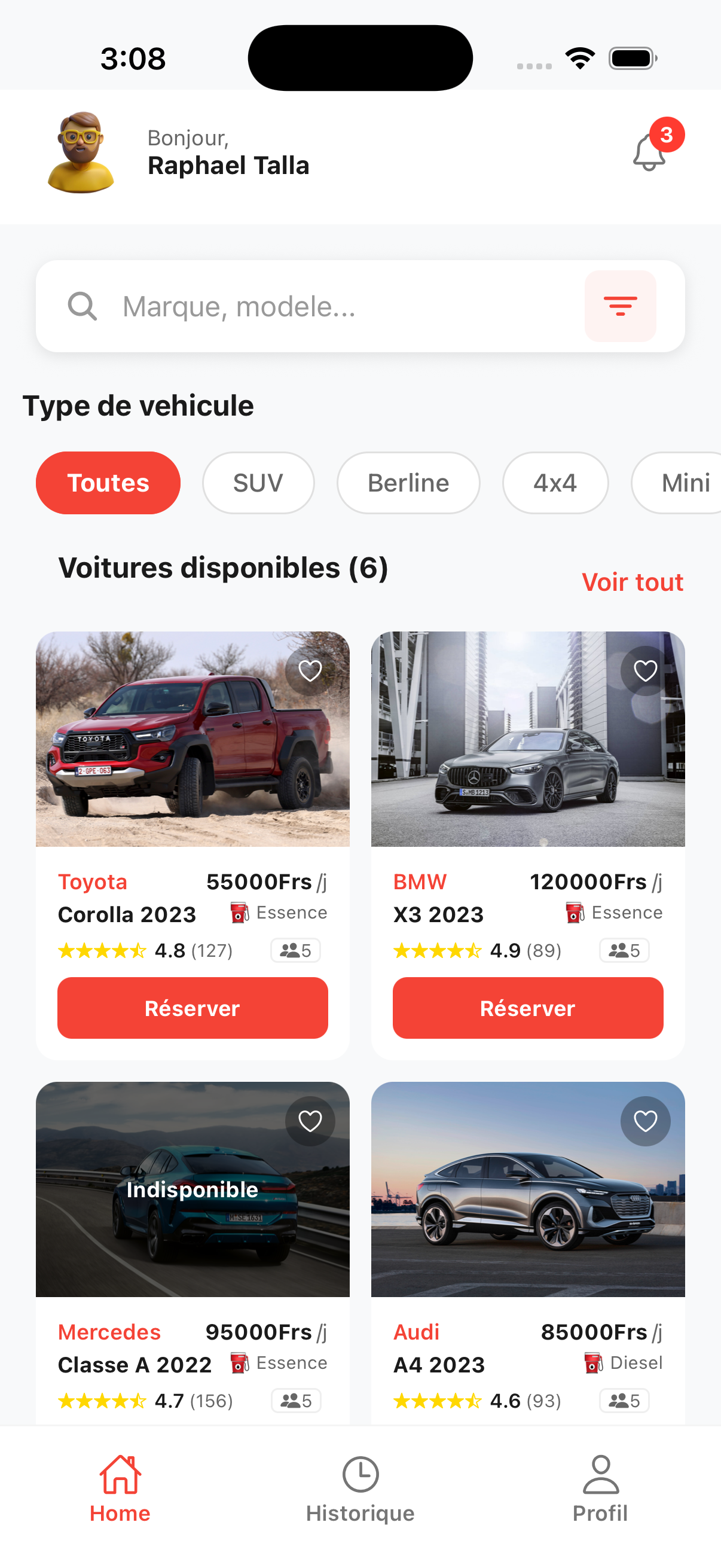 Aperçu de l'application RaphyCar