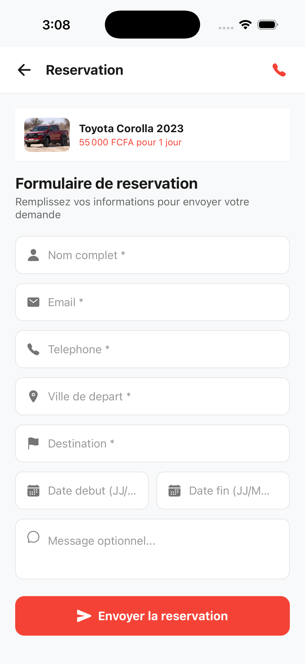 Formulaire de réservation